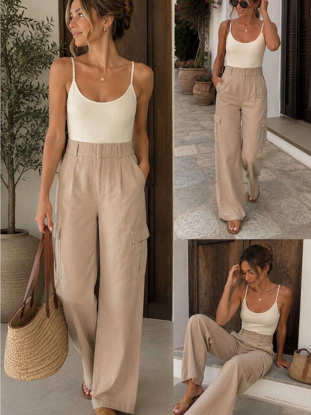 Express Linen Blend Utility Cargo Wide Leg Jumpsuit Small Ivory Taupe
